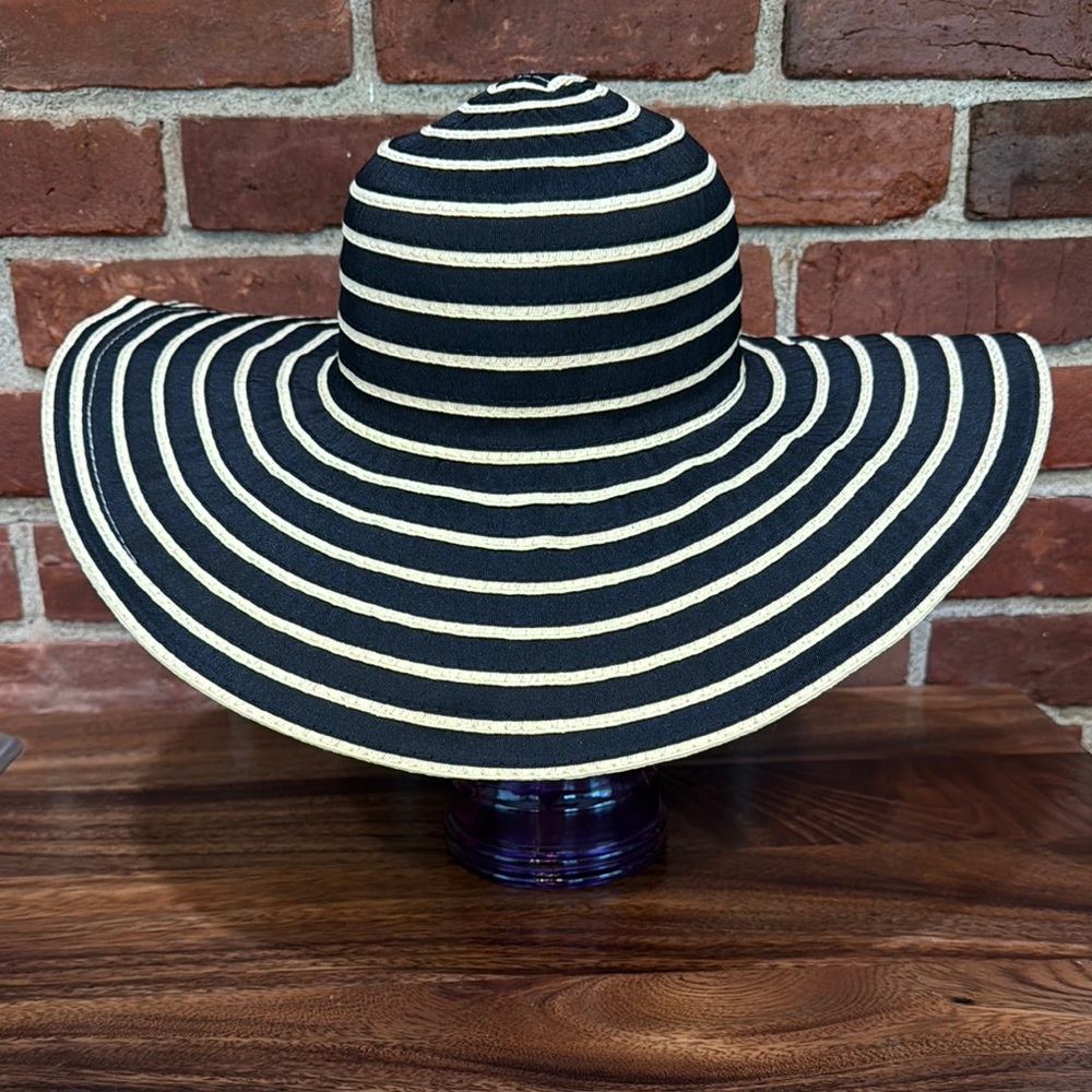 Striped Black and Cream Wide Brim Hat